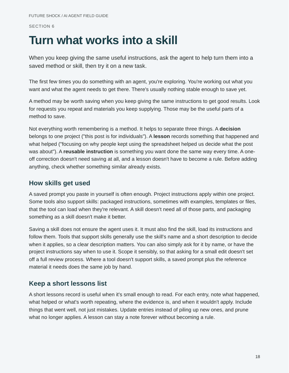 Page 18: Turn what works into a skill, including how skills get used and how to keep a short lessons list.