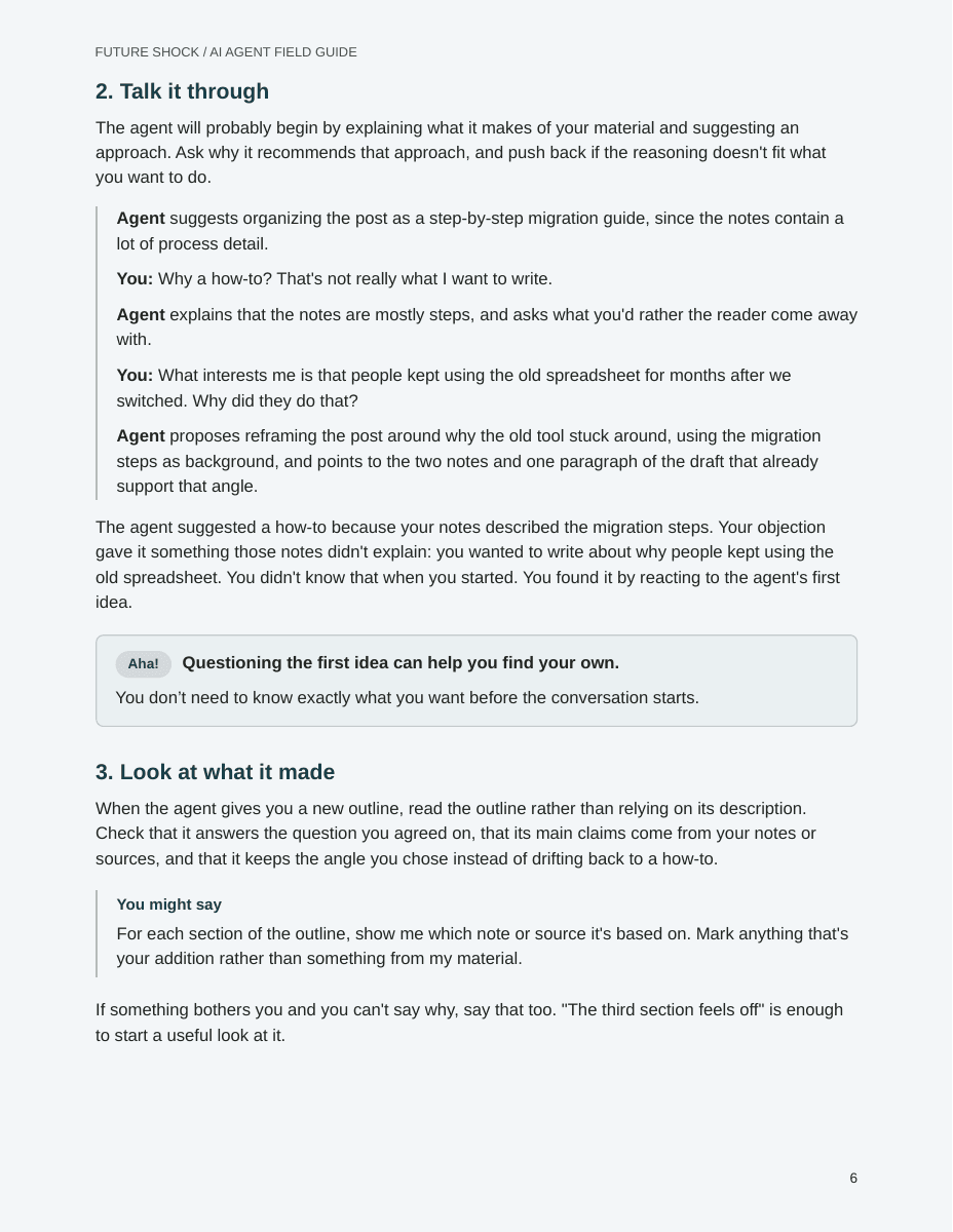 Page 6: Talk it through, with a sample conversation and the Aha! box: Questioning the first idea can help you find your own.
